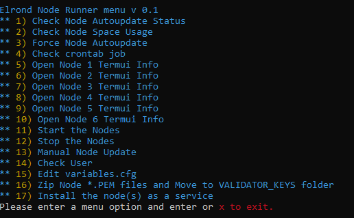 The first version of the Elrond Node Runner menu